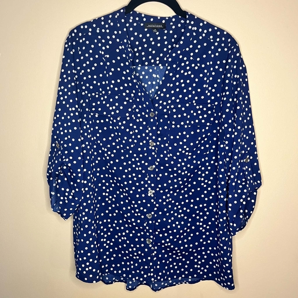 Notations Small Blue And White Polka Dot Three Quarters Sleeve Blouse